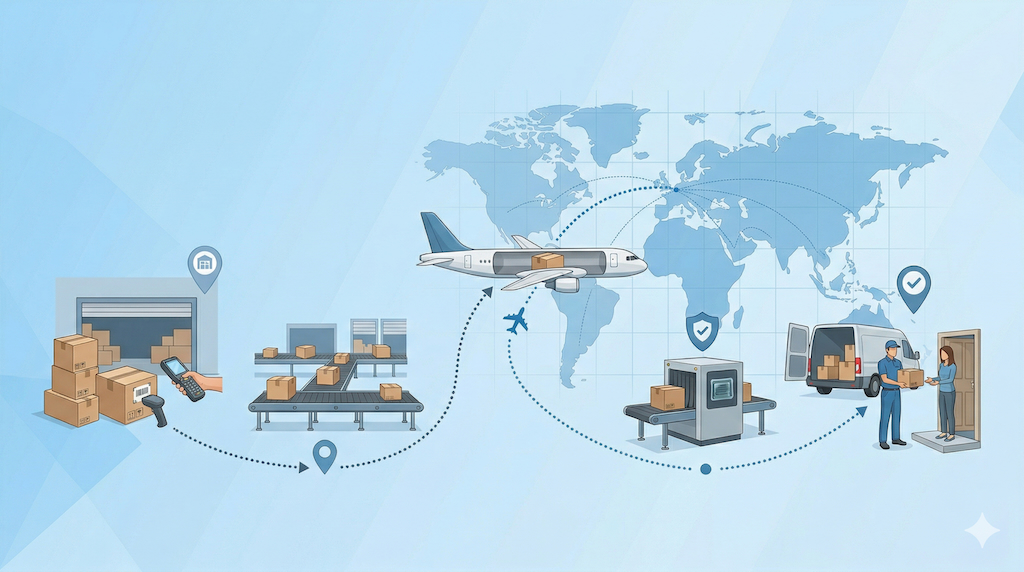 Illustration of an international package moving from warehouse dispatch through air transport and customs to final delivery.